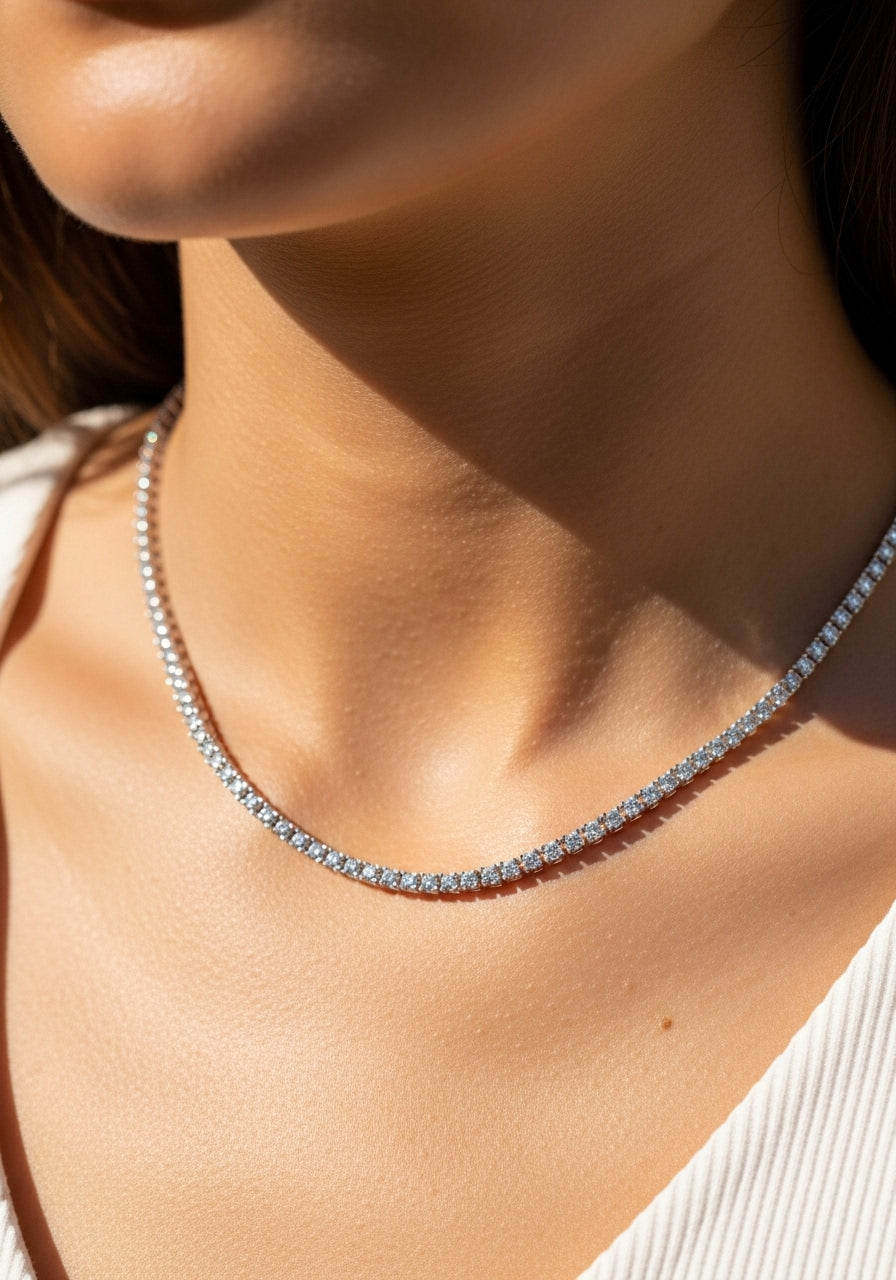 close-up of a lab grown diamond tennis necklace in 14k white gold